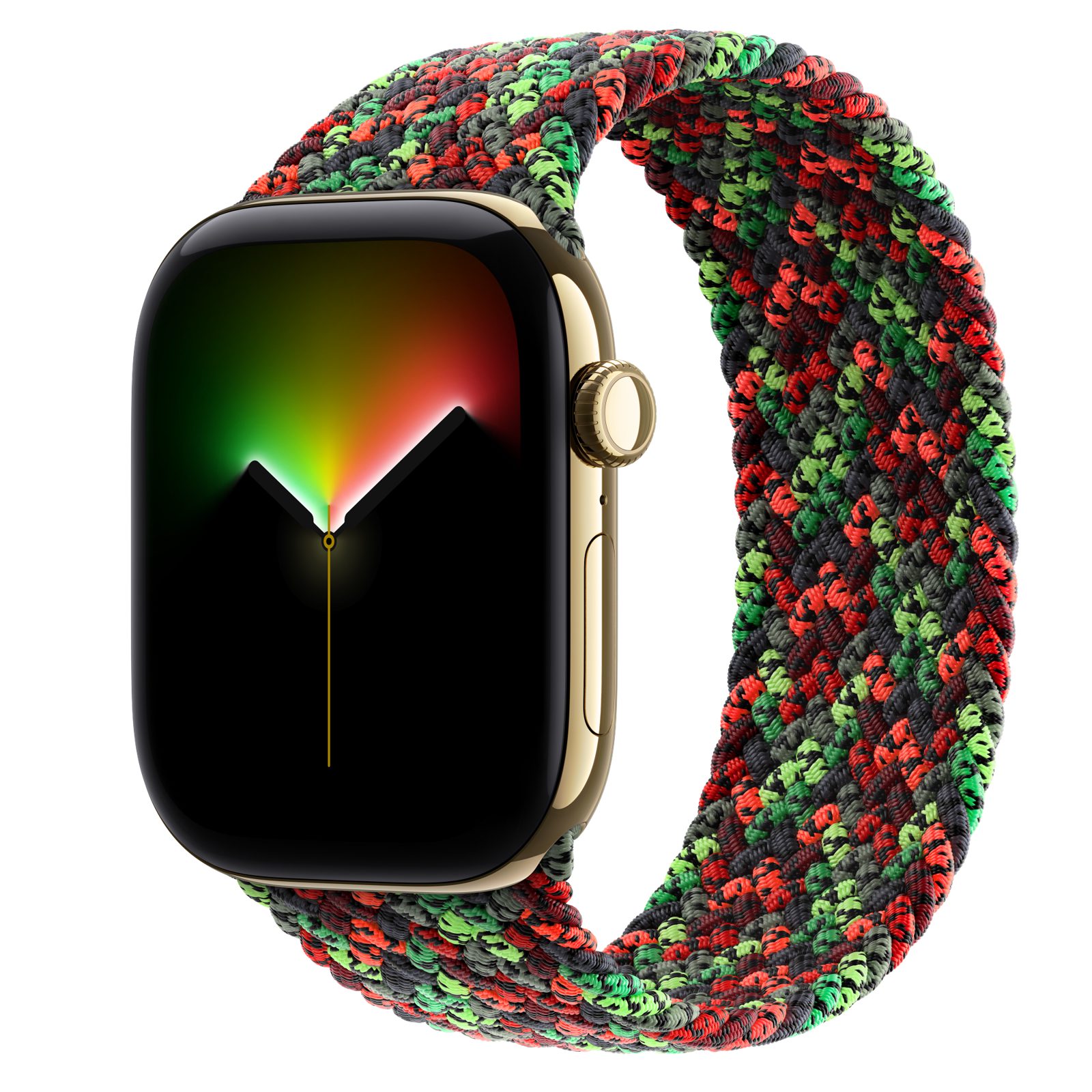 Apple Watch Series 12 (GPS + Cellular) • Titanboett skinande guld, 46 mm • Flätad sololoop i Black Unity – Unity Connection