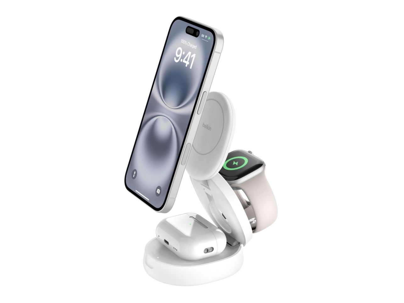 Belkin BoostCharge - Trådlöst laddställ - 3-i-1, magnetisk, kompakt + växelströmsadapter - 15 Watt - vit