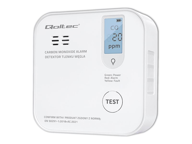 Qoltec - Kolmonoxidsensor - med batteri, 10-års sensors livslängd, 85 dB alarm, LED - trådlös - vit