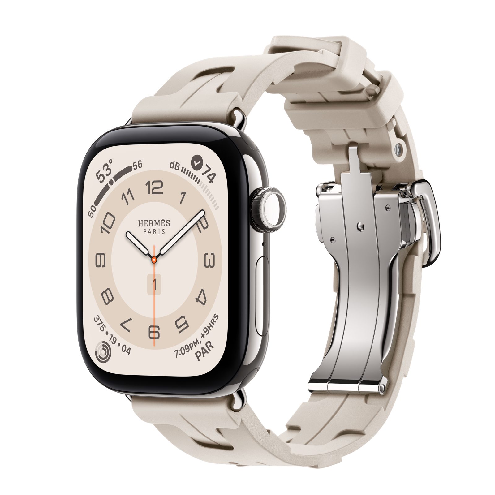 Apple Watch Hermès Series 12 (GPS + Cellular) • Titanboett silver, 42 mm • Kilim Simple Tour i Béton