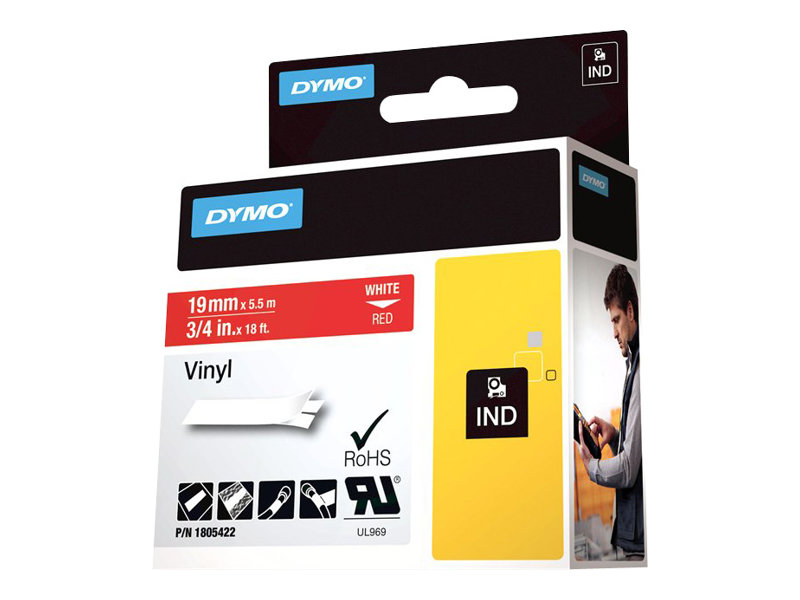 DYMO Rhino Coloured Vinyl - Vinyl - permanent häftning - vitt på rött - Roll (1.9 cm x 5.5 m) 1 kassett(er) tejp - för DYMO ILP219 Rhino 1000, 4200, 5000, 5200, 6000 RhinoPRO 1000, 3000, 5000, 6000, 6500