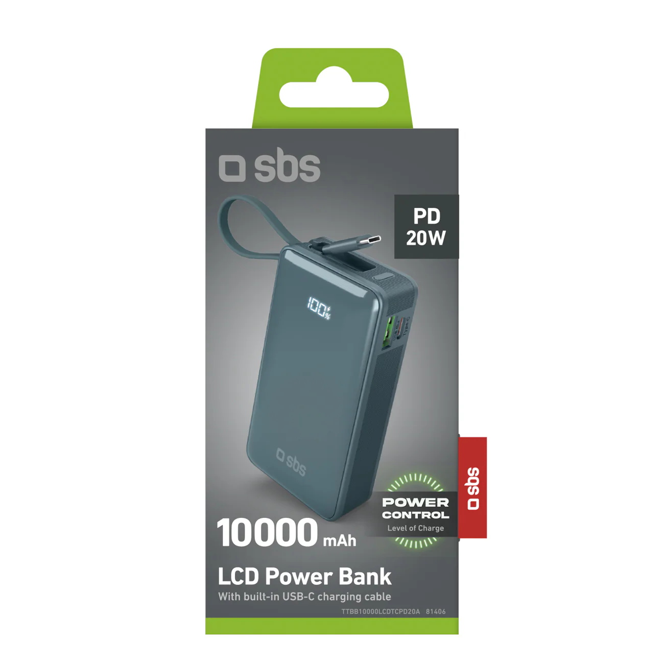 Powerbank SBS 10000 mAh 20W med inbyggd USB-C-kabel och digital display - grå, bild 2