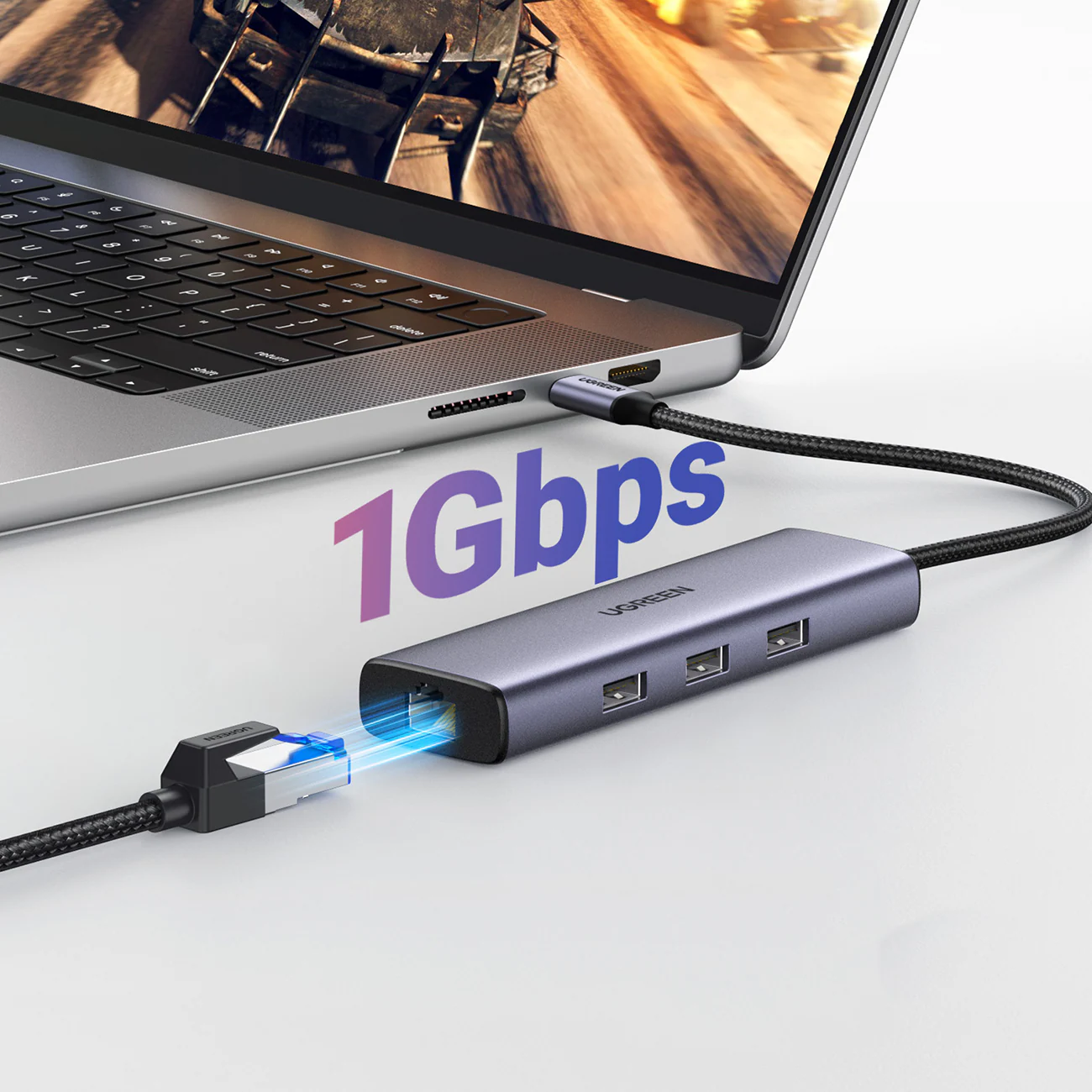 Ugreen - Hubb - 6-i-1 USB C, 4K - 3 x SuperSpeed USB 3.0 + 1 x USB-C (strömleverans) + 1 x 10/100/1000 + 1 x HDMI - skrivbordsmodell, bild 4