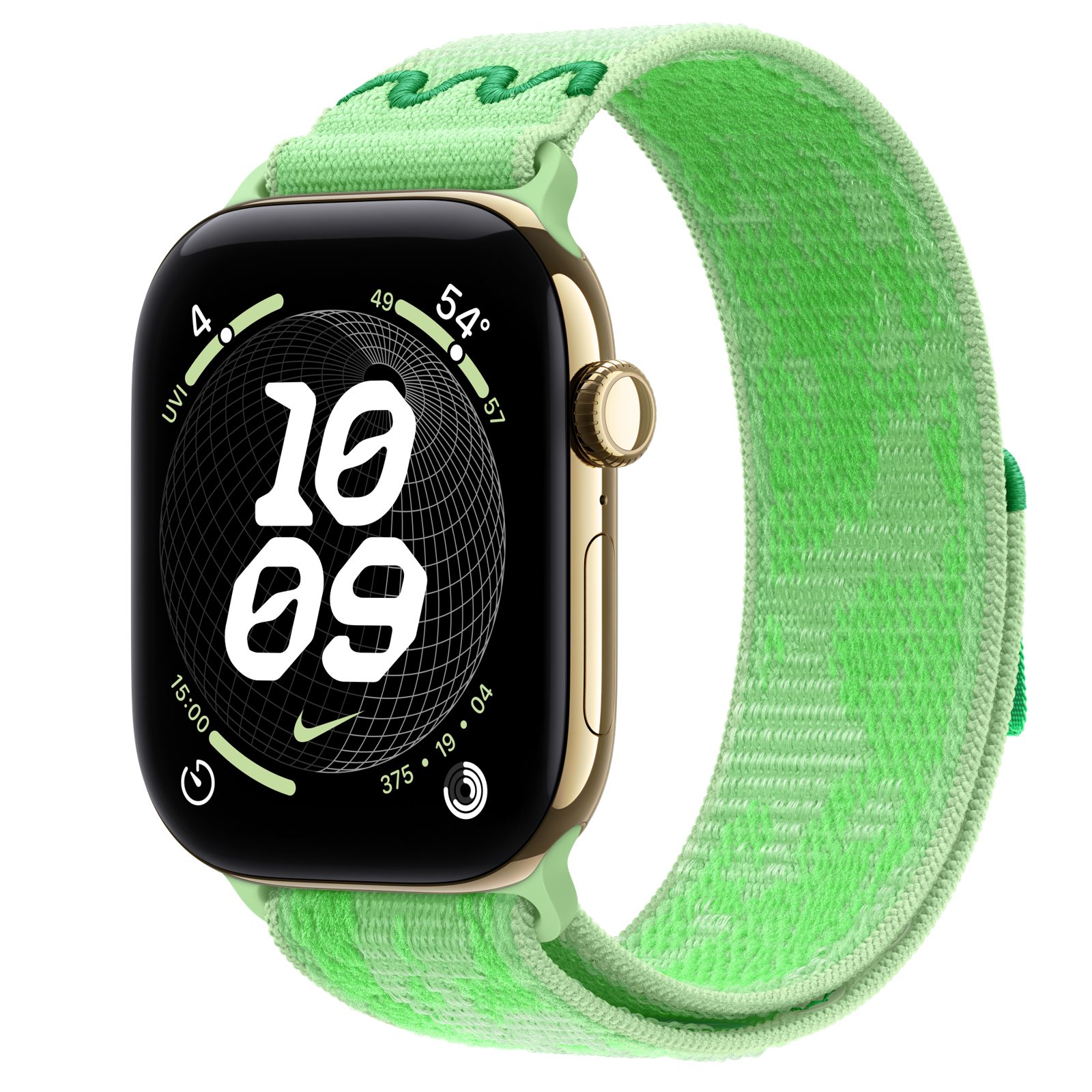 Apple Watch Series 12 (GPS + Cellular) • Titanboett skinande guld, 46 mm • Nike-sportloop i Green Spark