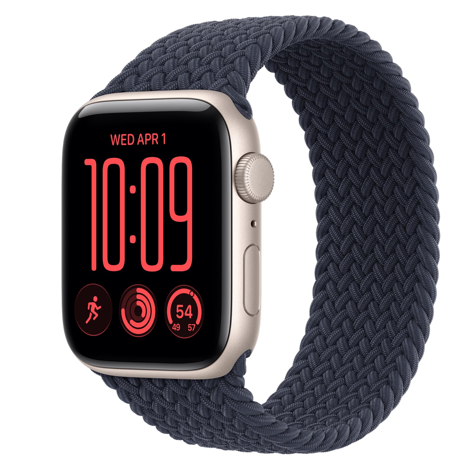 Apple Watch SE 3 (GPS) • Aluminiumboett stjärnglans, 44 mm • Flätad sololoop marinblå