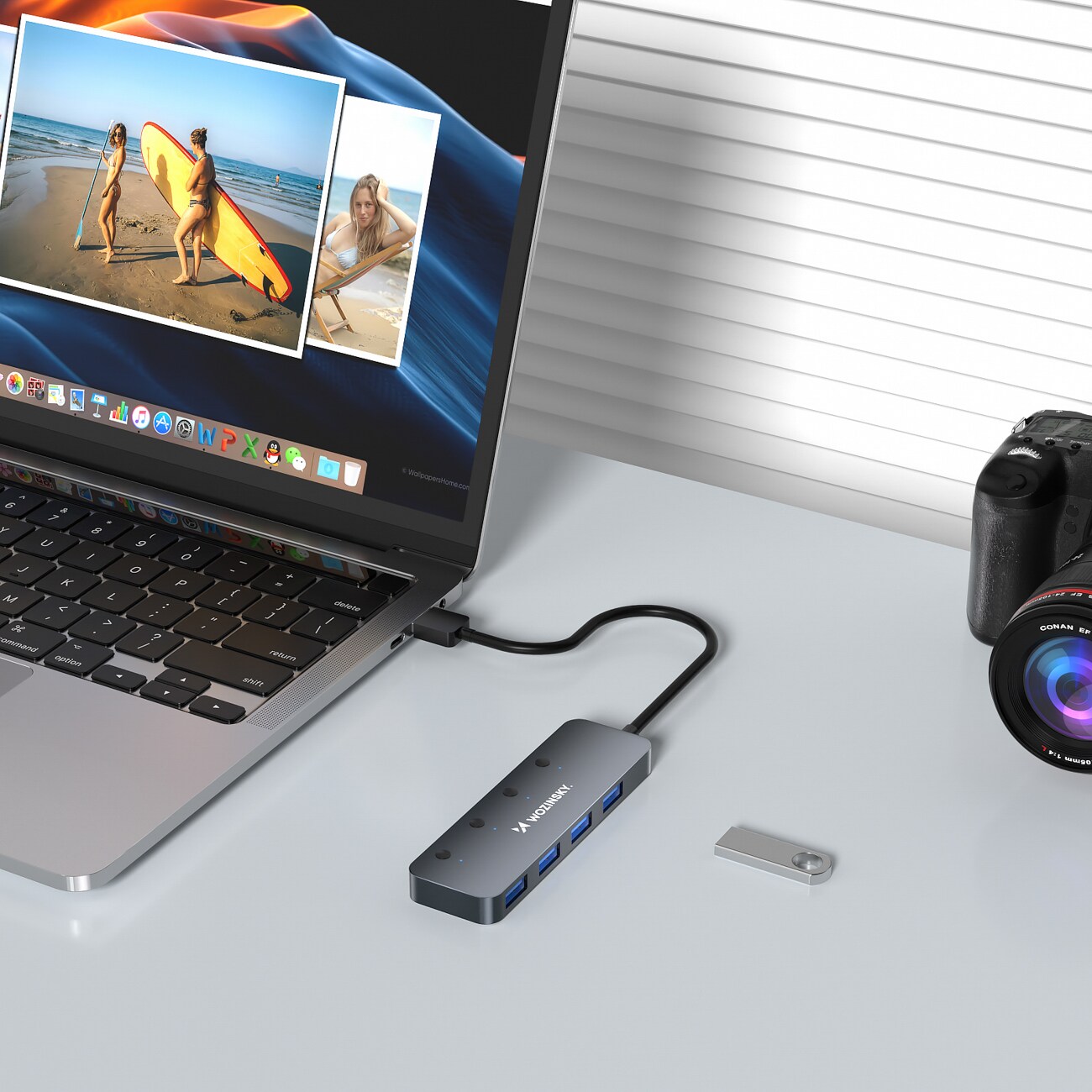 USB-A-hubb Wozinsky WHS080YSS 4 x USB-A 3.0 med switchar, aluminium, 30 cm kabel - grå, bild 5
