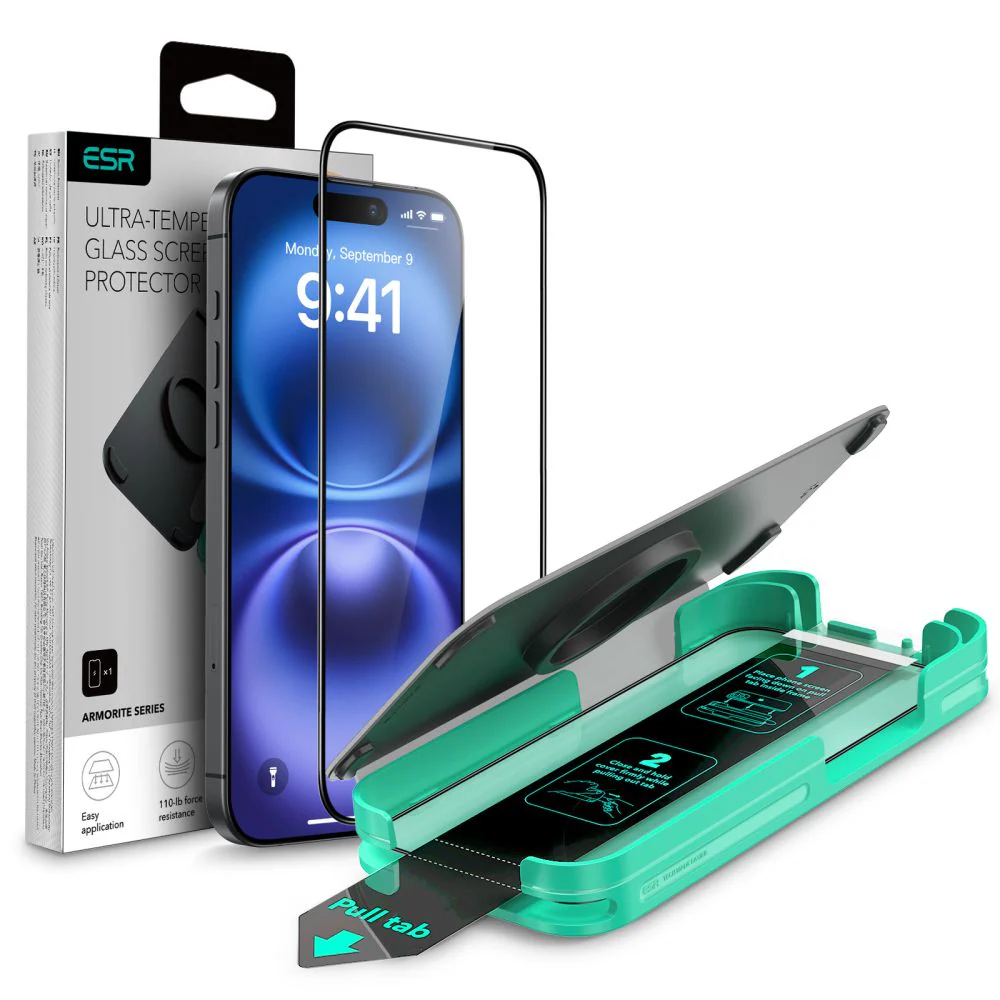 ESR Armorite härdat glas för iPhone 16 med appliceringsverktyg – med svart ram