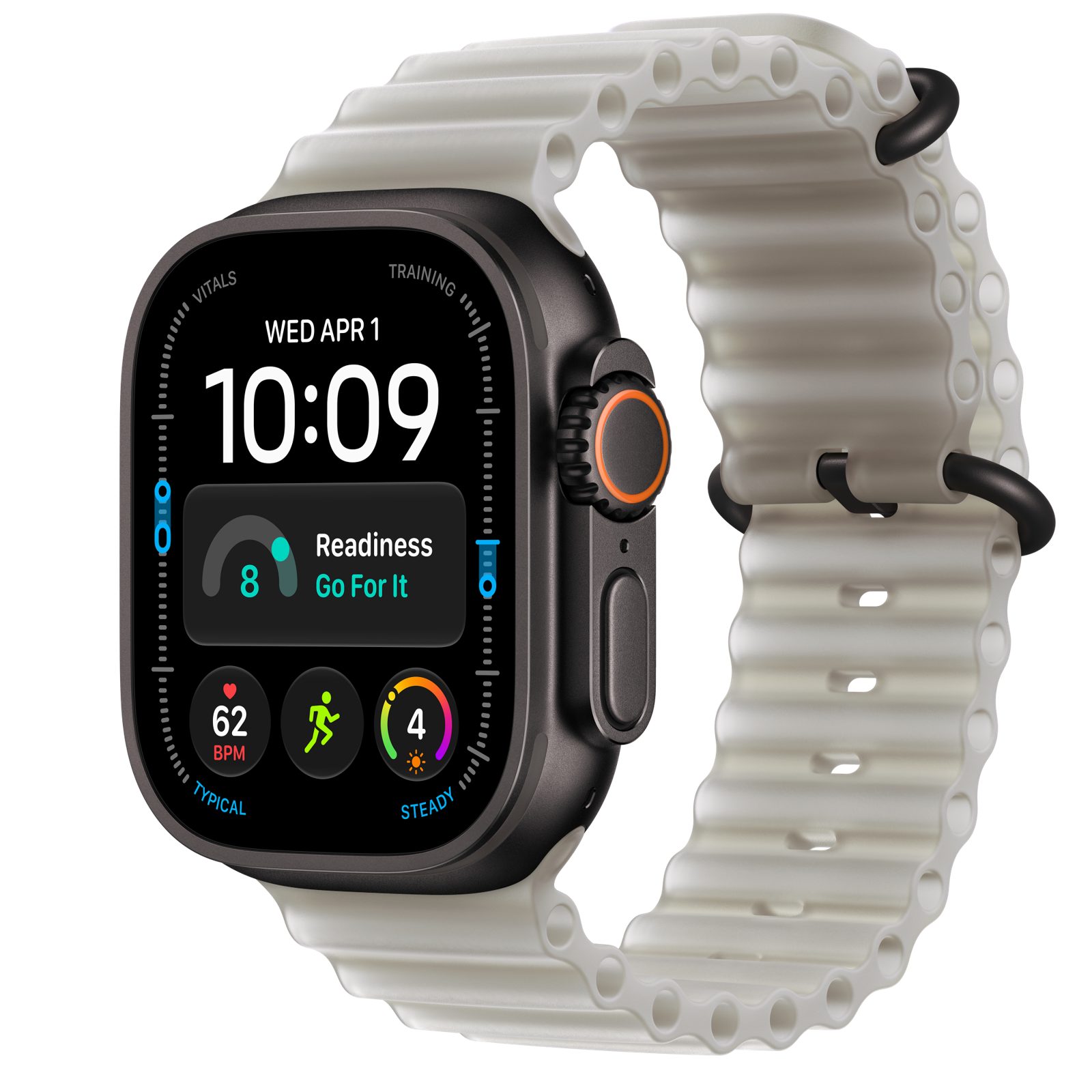 Apple Watch Ultra 4 (GPS + Cellular) • Titanboett svart, 49 mm • Havsband genomlyst grå