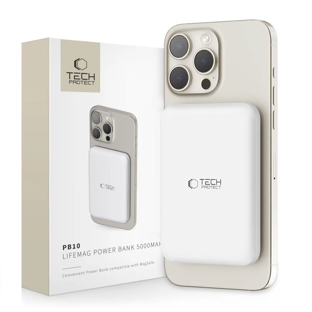 Tech-Protect LifeMag PB10 Powerbank med MagSafe 5000mAh 15W USB-C-port - vit + USB-C-kabel