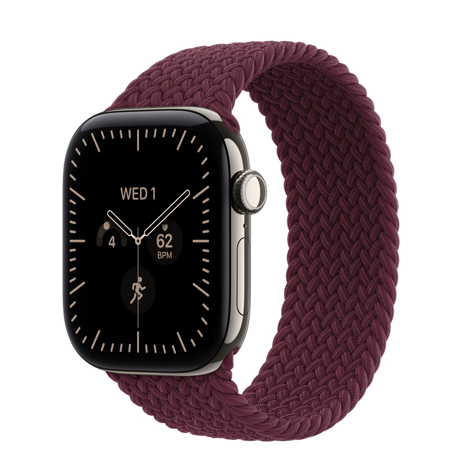 Apple Watch Series 12 (GPS + Cellular) • Titanboett naturlig, 42 mm • Flätad sololoop bourgogne