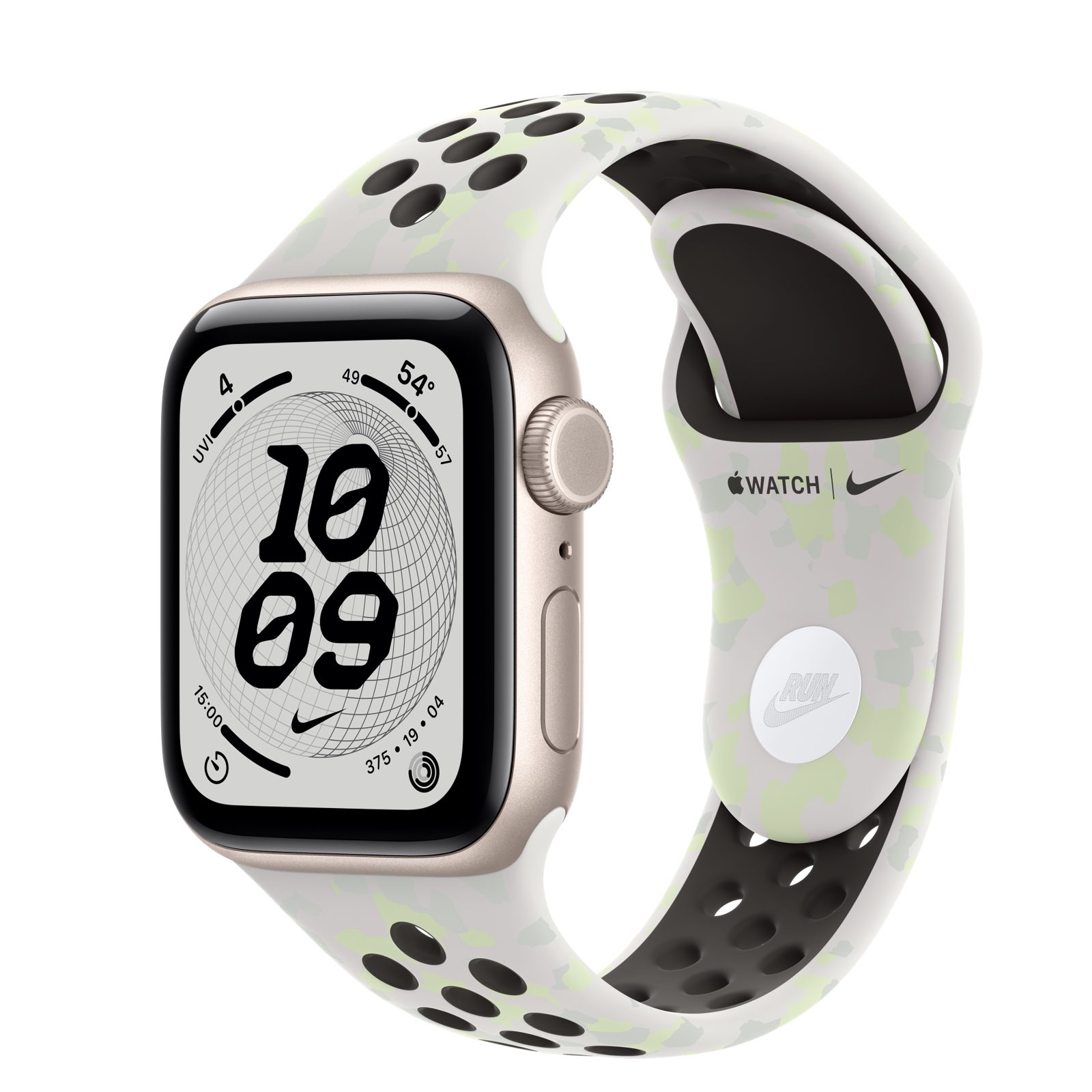 Apple Watch SE 3 (GPS + Cellular) • Aluminiumboett stjärnglans, 40 mm • Nike-sportband i Essential White