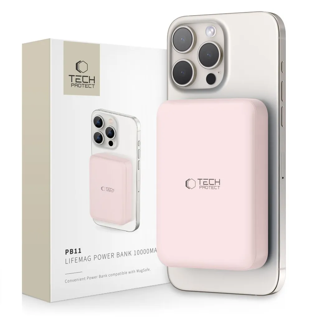 Tech-Protect PB11 Powerbank 10000mAh – MagSafe 15W – Rosa + USB-C Kabel