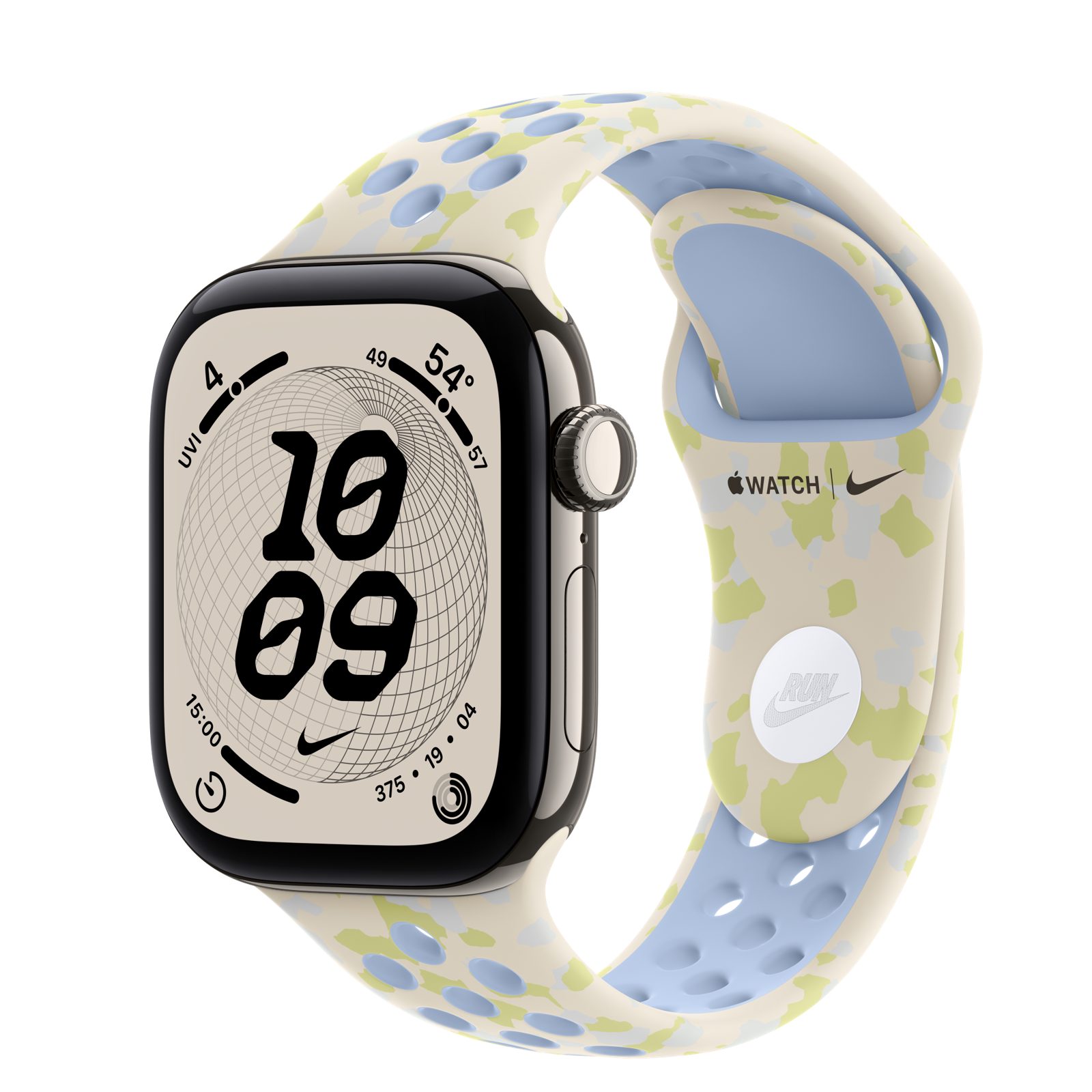 Apple Watch Series 12 (GPS + Cellular) • Titanboett naturlig, 42 mm • Nike-sportband i Chalk Calm