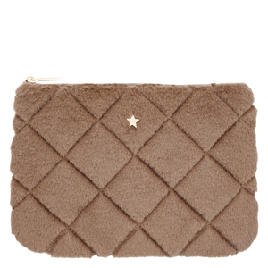 DARK Faux Fur Quilted Small Pouch Warm Taupe