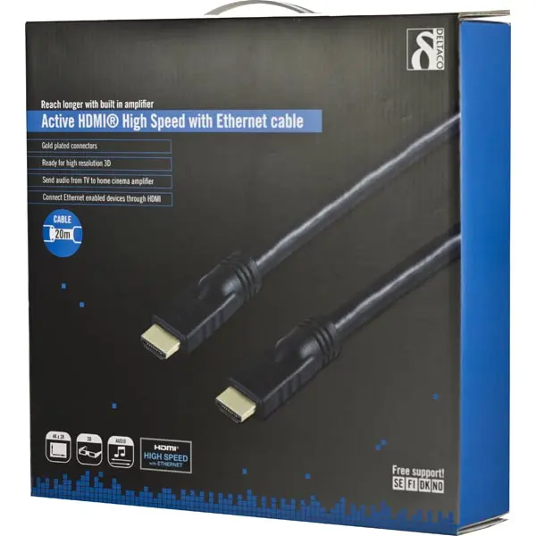 DELTACO Aktiv HDMI-kabel, 20m, svart