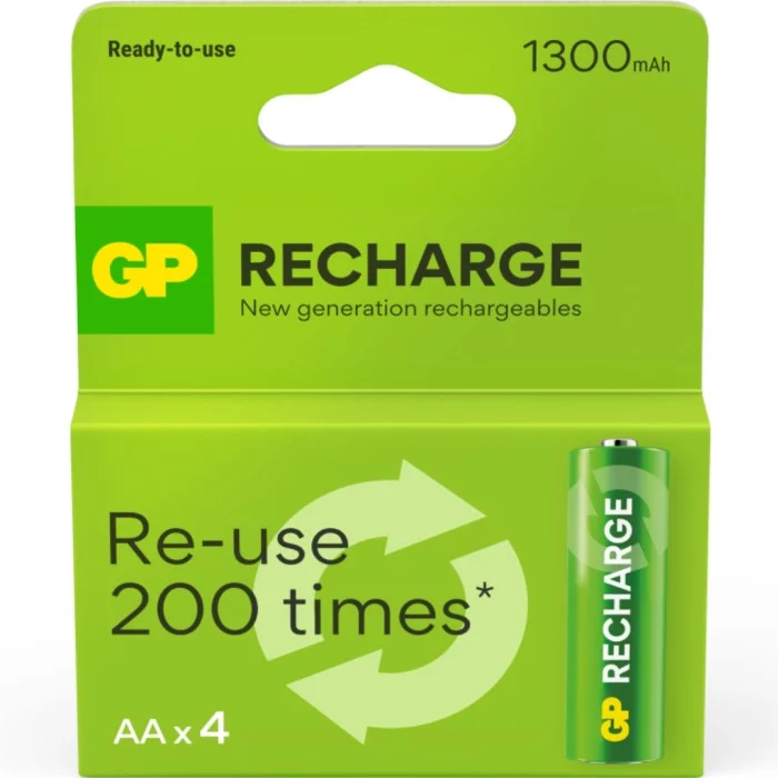 GP Recharge Rechargeable Battery, Size AA, 1300 mAh, 4-pack
