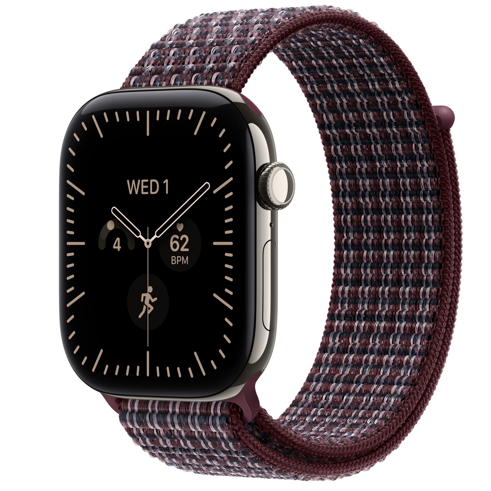 Apple Watch Series 12 (GPS + Cellular) • Titanboett naturlig, 46 mm • Sportloop skotskrutig bourgogne