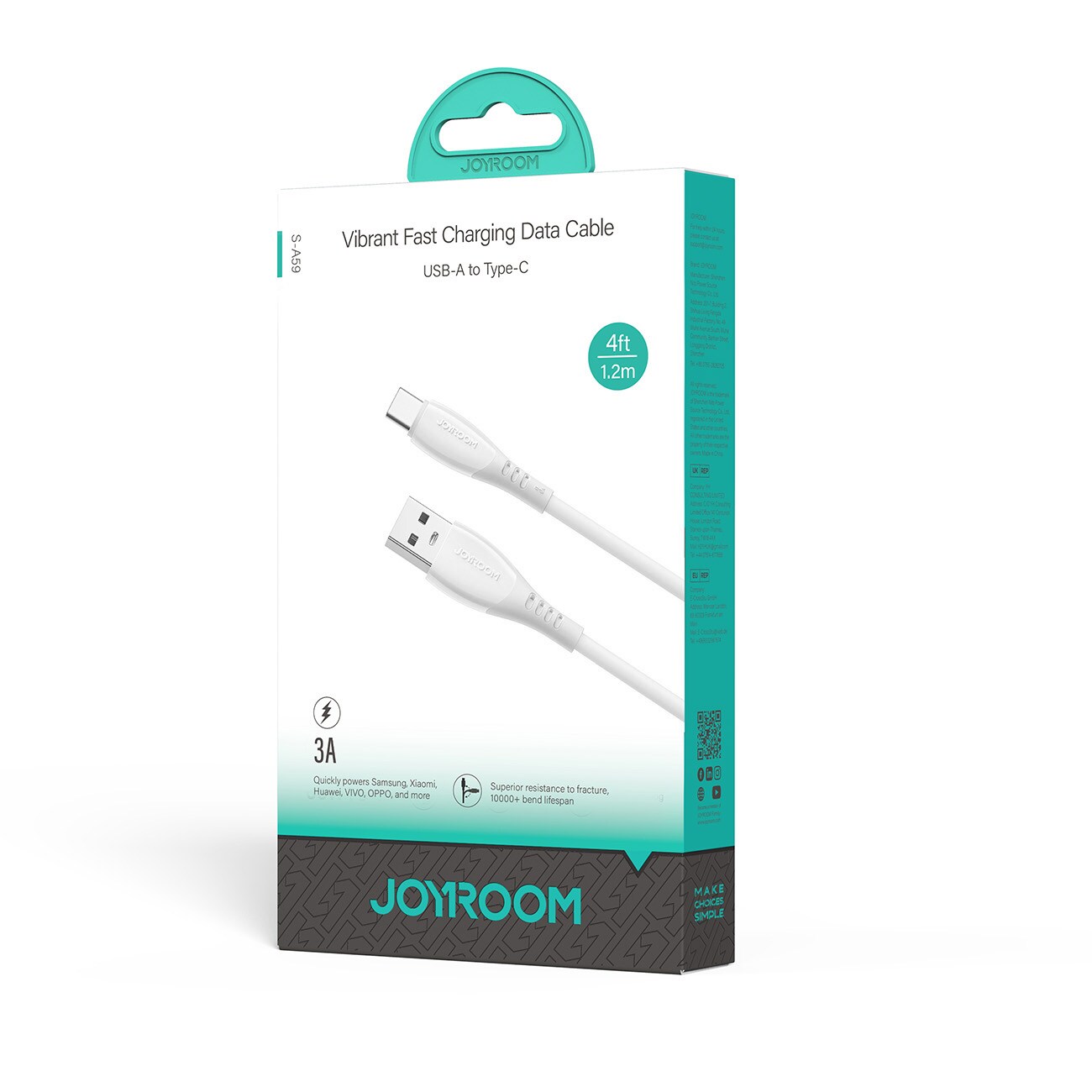 Joyroom S-A59 snabbladdningskabel USB-A till USB-C 1,2m – Vit, bild 3