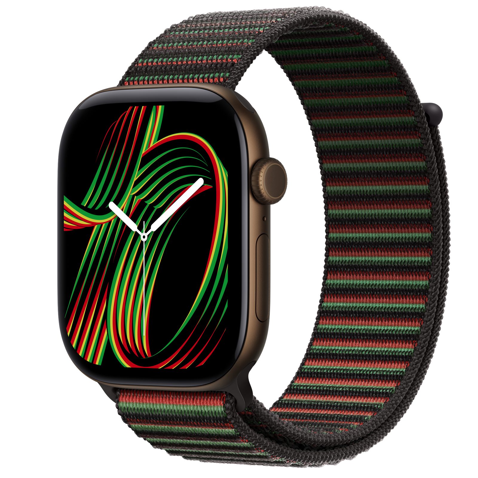Apple Watch Series 12 (GPS) • Aluminiumboett mörk brons, 46 mm • Sportloop Black Unity – Unity Rhythm