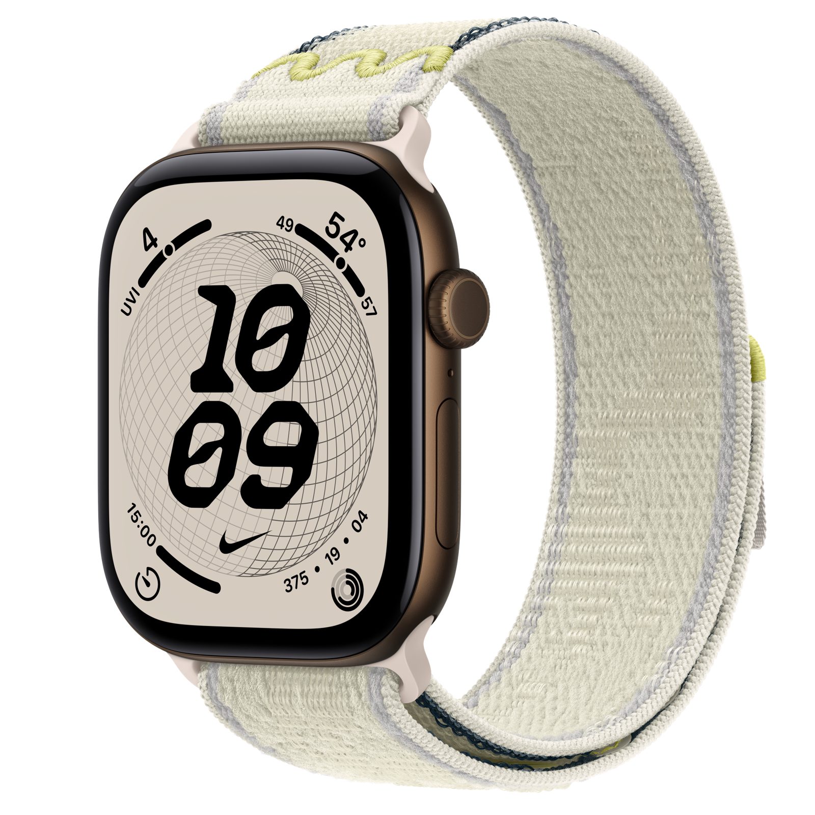 Apple Watch Series 12 (GPS) • Aluminiumboett mörk brons, 46 mm • Nike-sportloop i Chalk Calm
