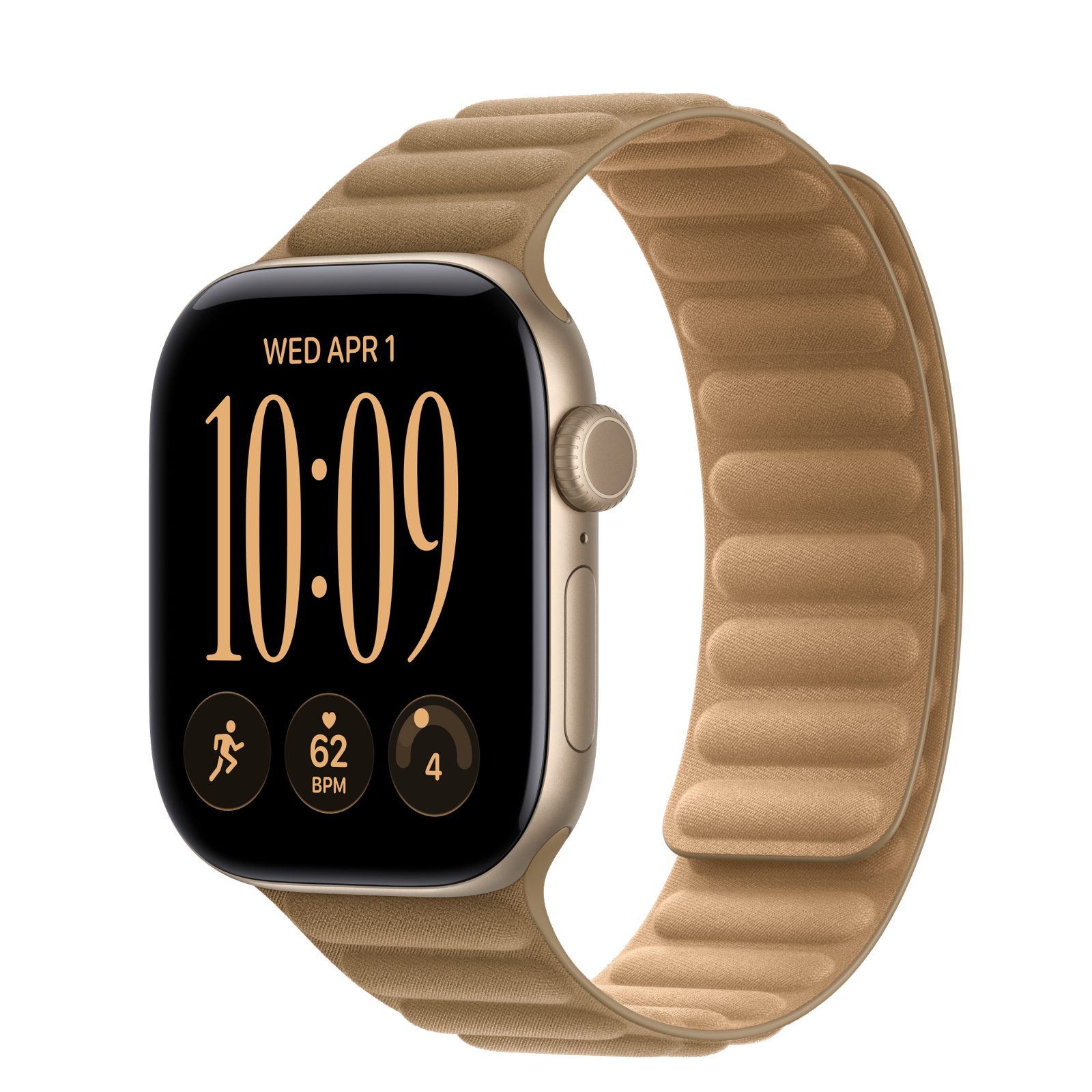 Apple Watch Series 12 (GPS + Cellular) • Aluminiumboett ljust guld, 42 mm • Magnetlänk kamelbrun
