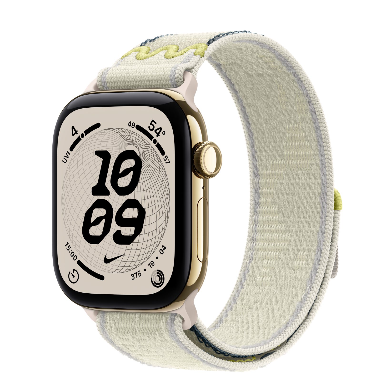 Apple Watch Series 12 (GPS + Cellular) • Titanboett skinande guld, 42 mm • Nike-sportloop i Chalk Calm