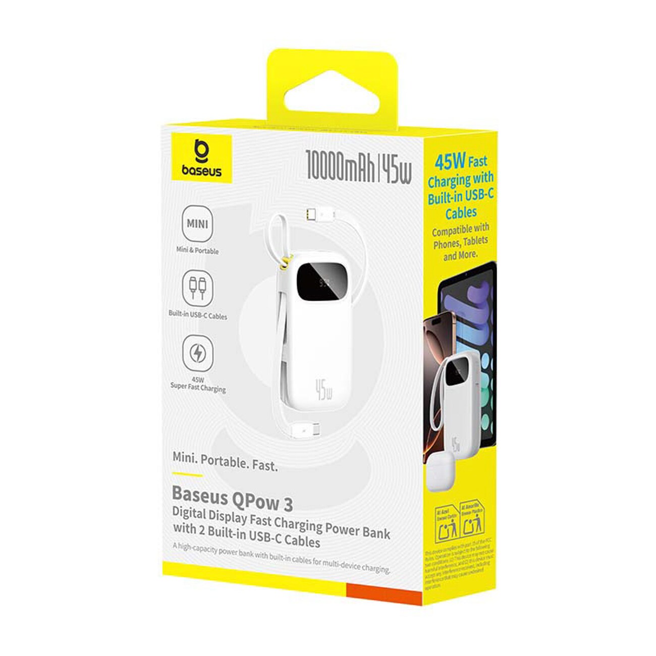 Baseus EnerFill FC31 QPow3 10 000 mAh 45 W powerbank med display & 2 inbyggda USB-C-kablar – vit, bild 3