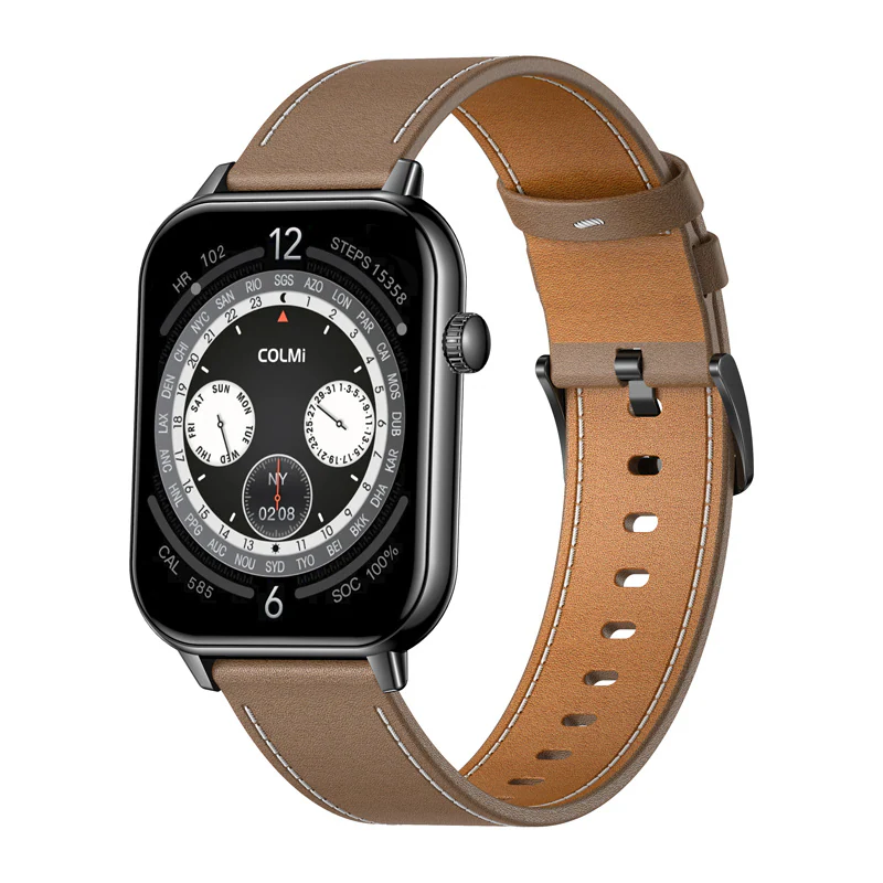Colmi C28 Smartwatch with Black and Brown Leather Strap