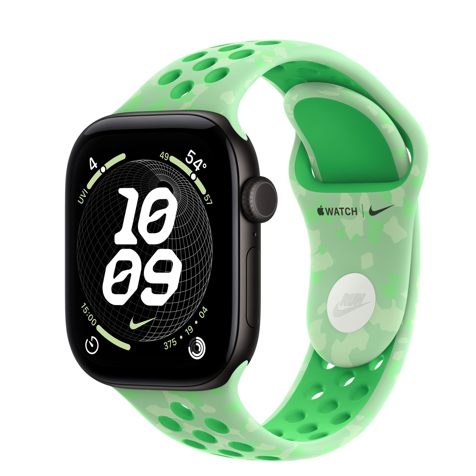 Apple Watch Series 12 (GPS + Cellular) • Aluminiumboett svart, 42 mm • Nike-sportband i Green Spark