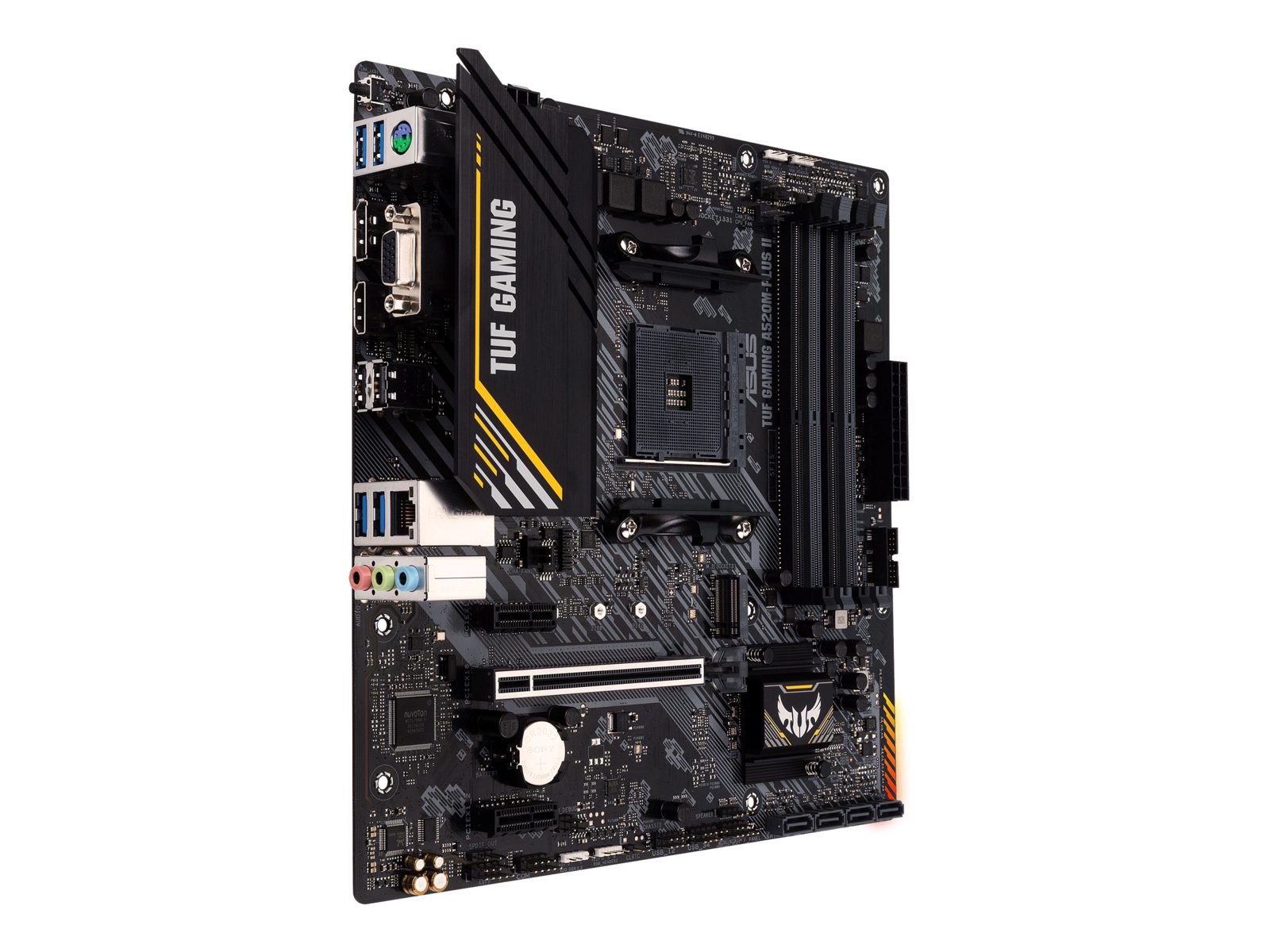 Asus TUF GAMING A520M-PLUS II, AMD Socket AM4, A520, MicroATX, 4xDDR4, PCI Express, M.2 + SATA3 RAID, VGA/HDMI/DP, 7.1-ljud, USB 3.2, GigaLAN, Aura Sync RGB, bild 3