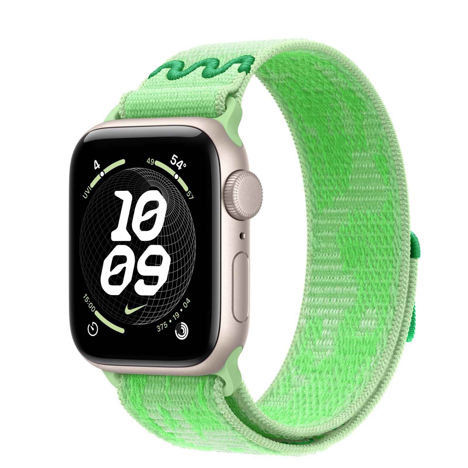 Apple Watch SE 3 (GPS) • Aluminiumboett stjärnglans, 40 mm • Nike-sportloop i Green Spark