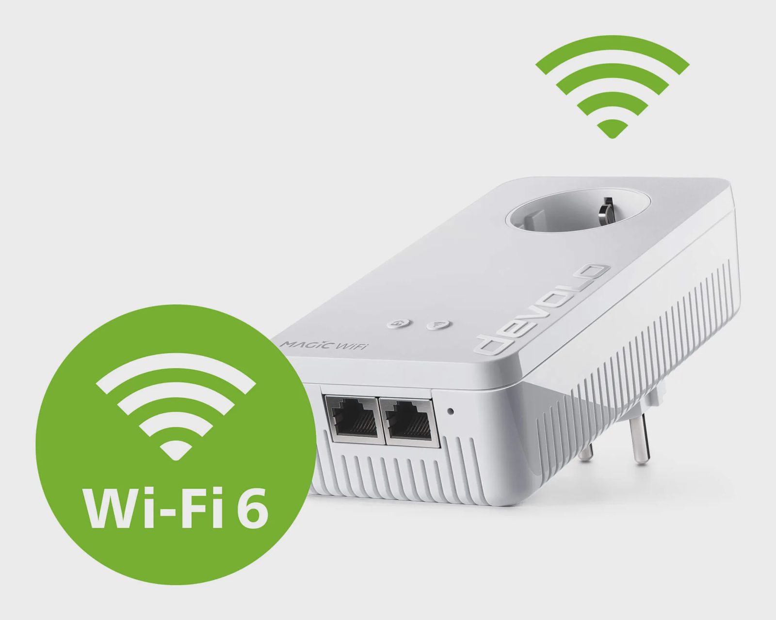 Devolo Magic 2 WiFi 6 next, 3000 Mbit/s, IEEE 802.3u, IEEE 802.11a, IEEE 802.11b, IEEE 802.11g, IEEE 802.11n, IEEE 802.11ac, IEEE 802.11ax,..., Typ F, Gigabit Ethernet, 10,100,1000 Mbit/s, Wi-Fi 6 (802.11ax)