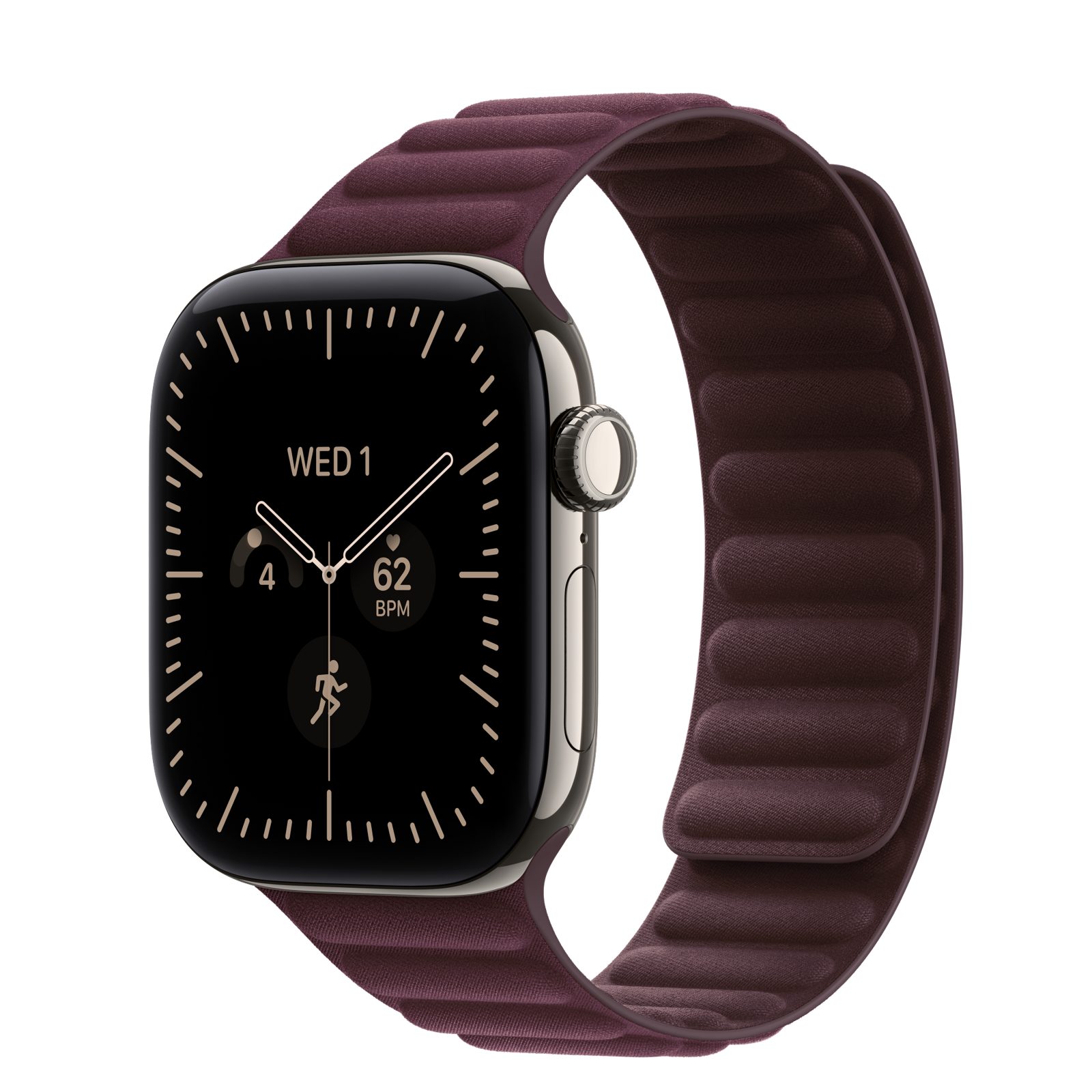 Apple Watch Series 12 (GPS + Cellular) • Titanboett naturlig, 42 mm • Magnetlänk bourgogne