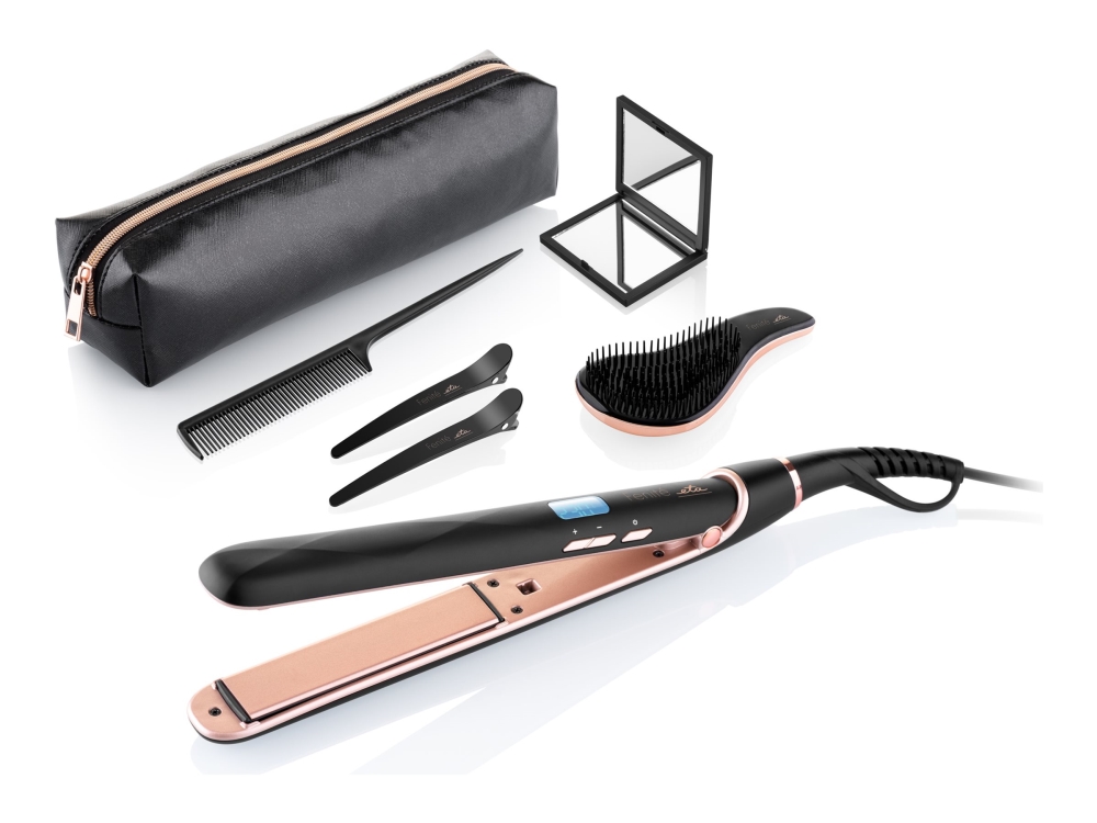 ETA Fenite Hair Straightener Gift Set with Ceramic Plates, LCD Display, Brush, Comb, Hair Clips, and Case