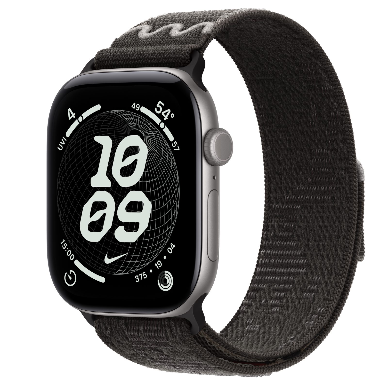 Apple Watch Series 12 (GPS + Cellular) • Aluminiumboett rymdgrå, 46 mm • Nike-sportloop i After Dark Black