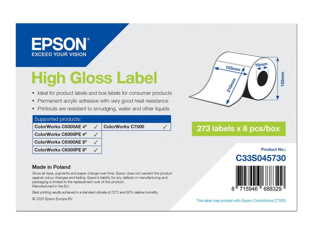 Epson - Högblank - permanent akrylhäftning - 105 x 210 mm 273 etikett (er) (1 rulle/rullar x 273) matrisskurna etiketter - för ColorWorks CW-C6000Ae, CW-C6000Pe, CW-C6500Ae, CW-C6500Pe