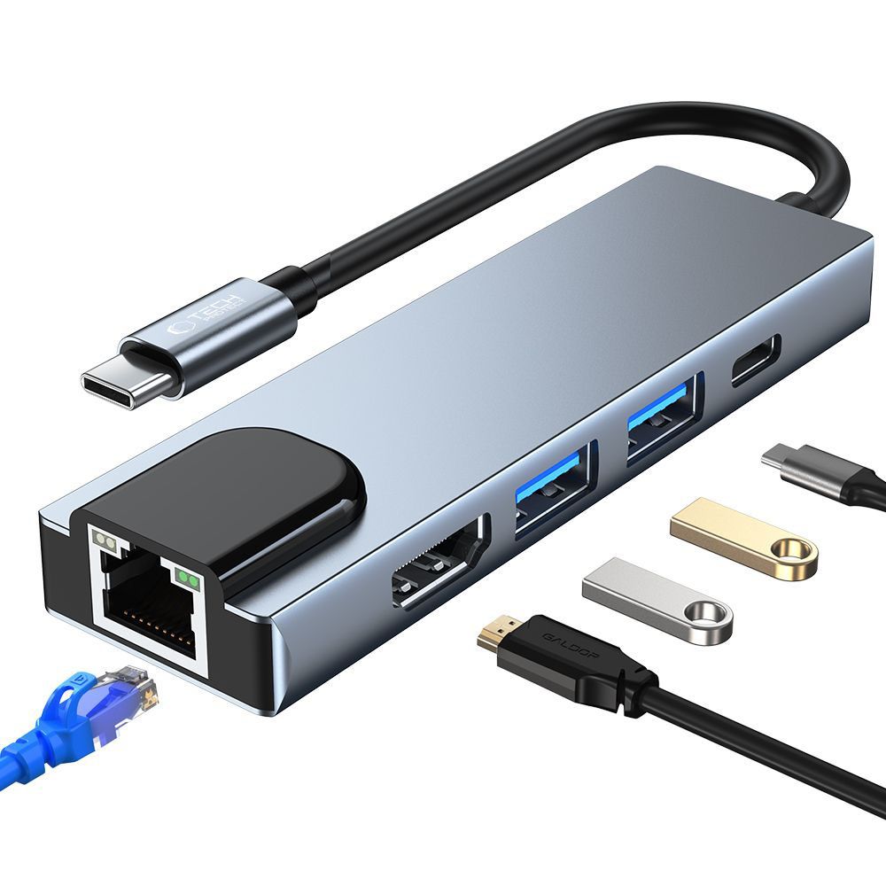 HUB Tech-Protect V3 5in1 USB-C - USB-A 3.0 / USB-A 2.0 / USB-C / HDMI / RJ45 - grå, bild 2