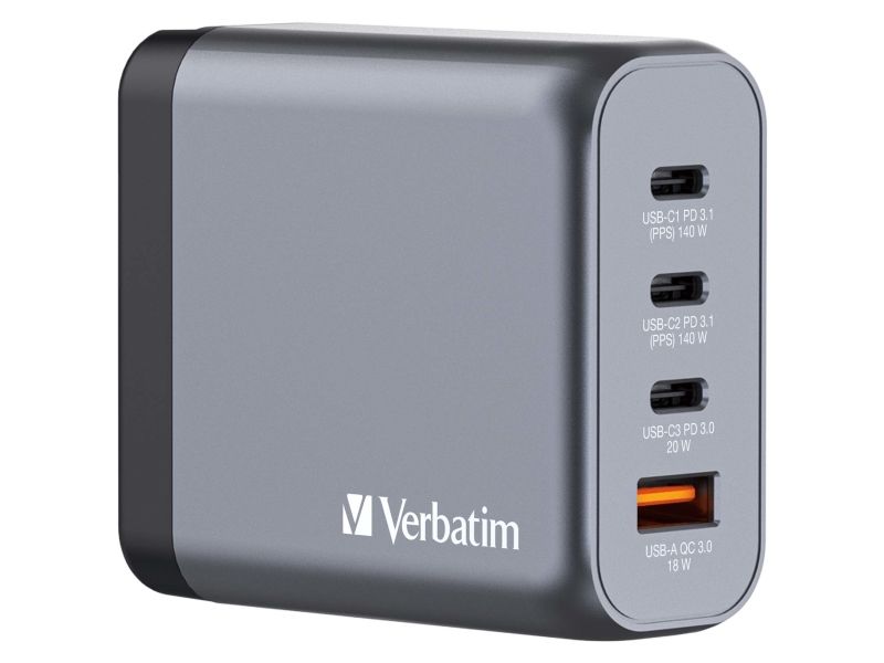 AC-adapter Verbatim GaN Charger 140W, 3xUSB-C / 1xUSB-A, inkl. reseadapter EU/UK/US, bild 4