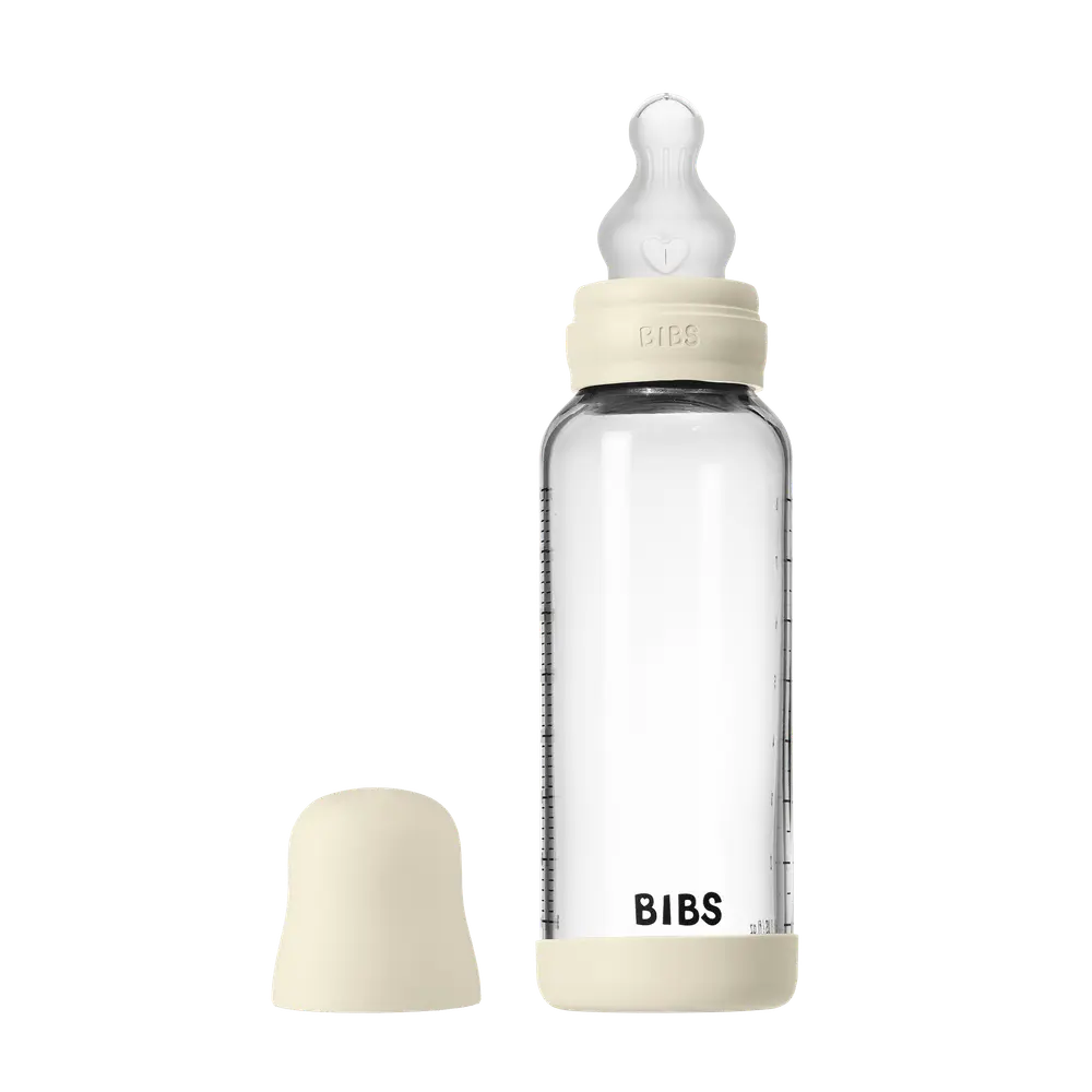 BIBS Glass Baby Bottle Round Silicone 240 ml Medium Flow Ivory, bild 2
