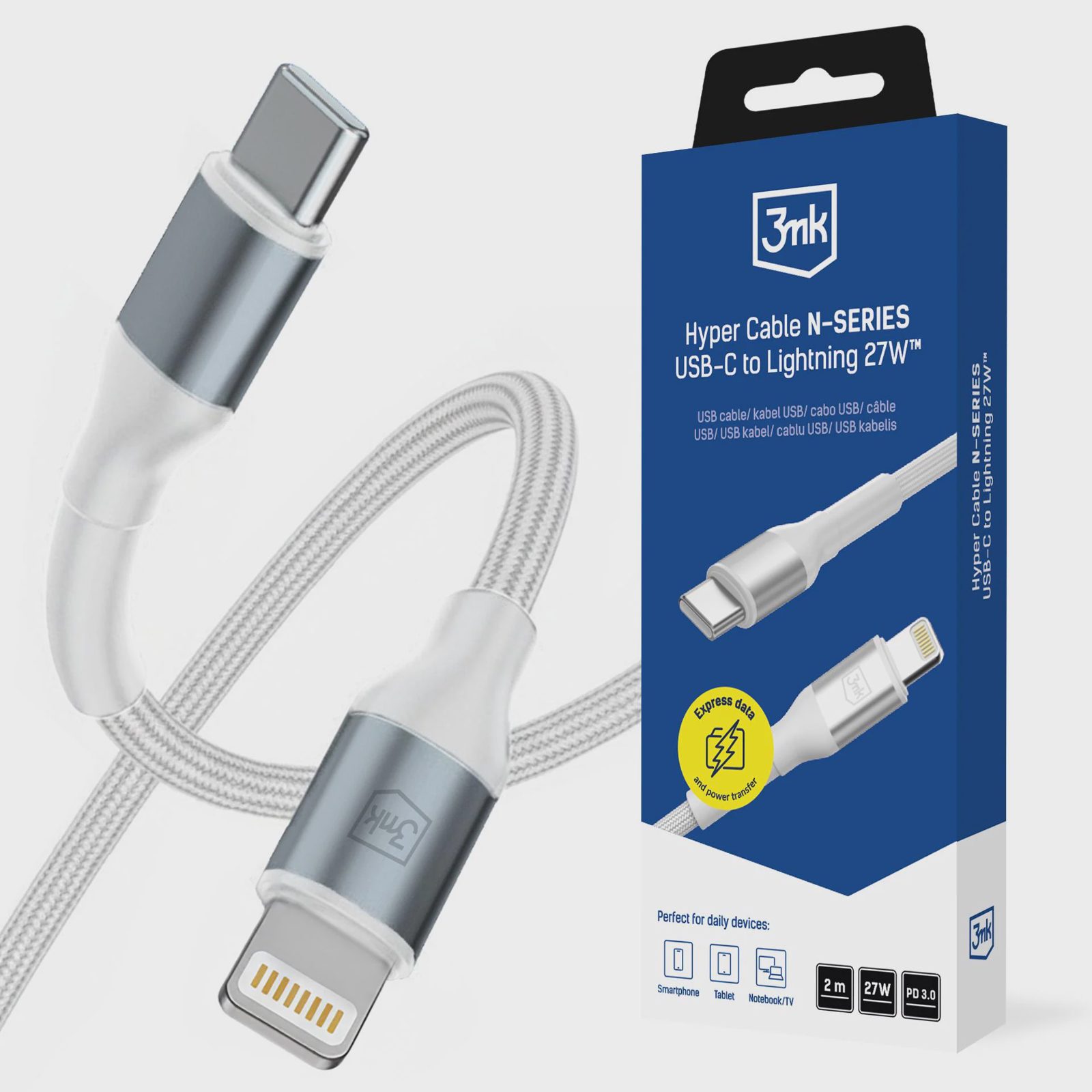 3mk Hyper Cable N-SERIES USB-C/Lightning 2 m PD 3.0 9 V/3 A 27 W – vit
