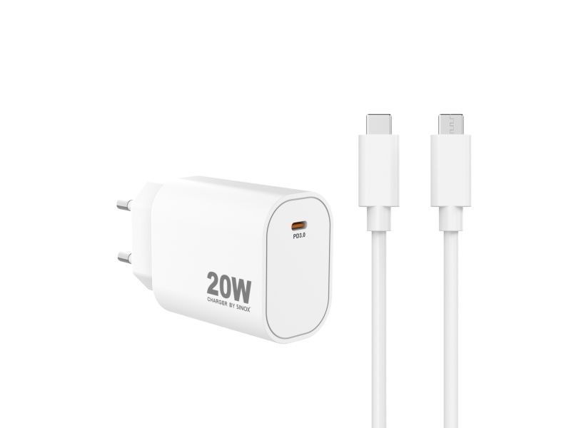 Sinox PRO väggladdare USB-C PD 20W med USB-C-kabel. Vit, inomhus, AC, 2 m, Vit
