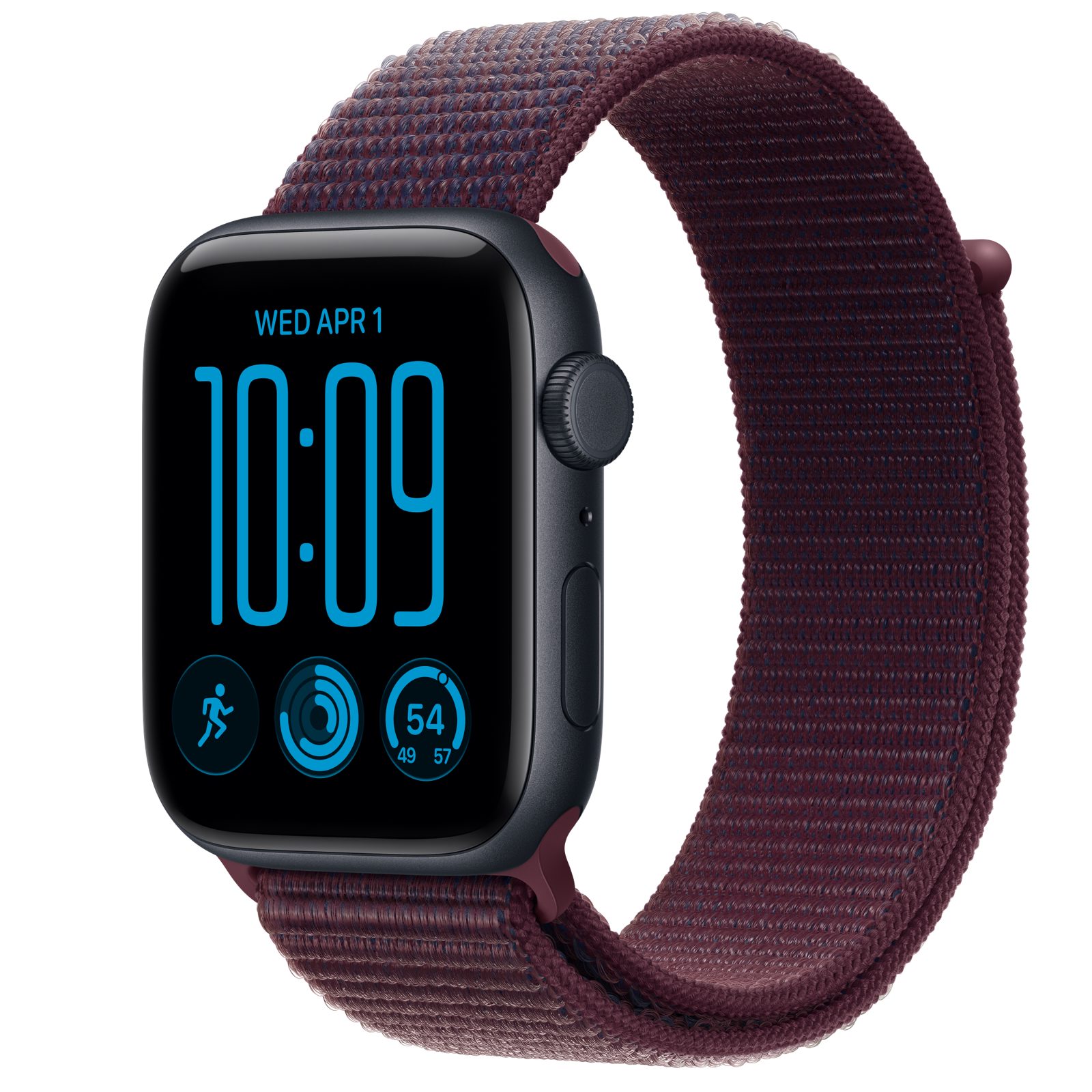 Apple Watch SE 3 (GPS + Cellular) • Aluminiumboett midnatt, 44 mm • Sportloop bourgogne