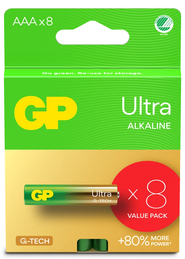 GP Ultra Alkaline Battery, Size AAA, 24AU/LR03, 1.5V, 8-pack