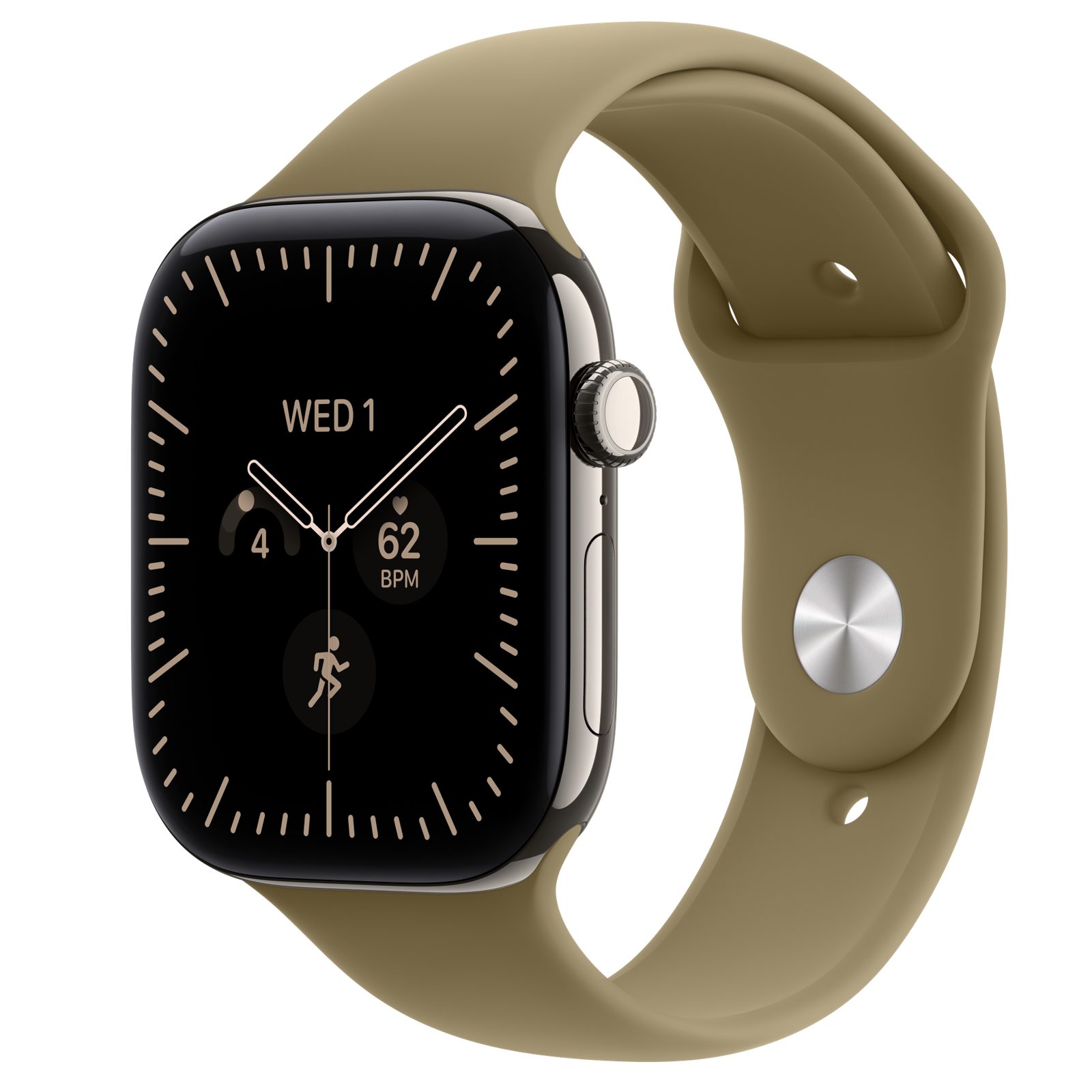 Apple Watch Series 12 (GPS + Cellular) • Titanboett naturlig, 46 mm • Sportband oliv