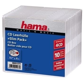 Hama CD Slim Pack 4, pack 10, 4 diskar, Transparent, 143 mm, 125 mm, 105 mm, 608 g