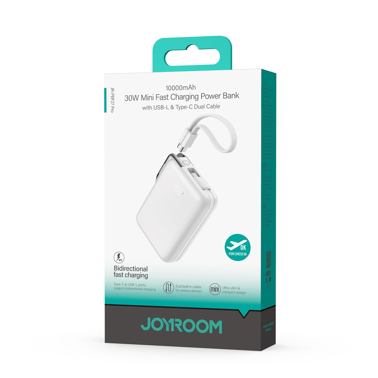 Joyroom JR-PBF27 Pro 10000mAh 30W Power Bank med USB-C-kabel och USB-C till Lightning - Vit, bild 2