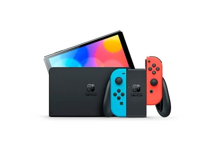 Nintendo Switch OLED Spelkonsol Neonröd / neonblå, bild 4