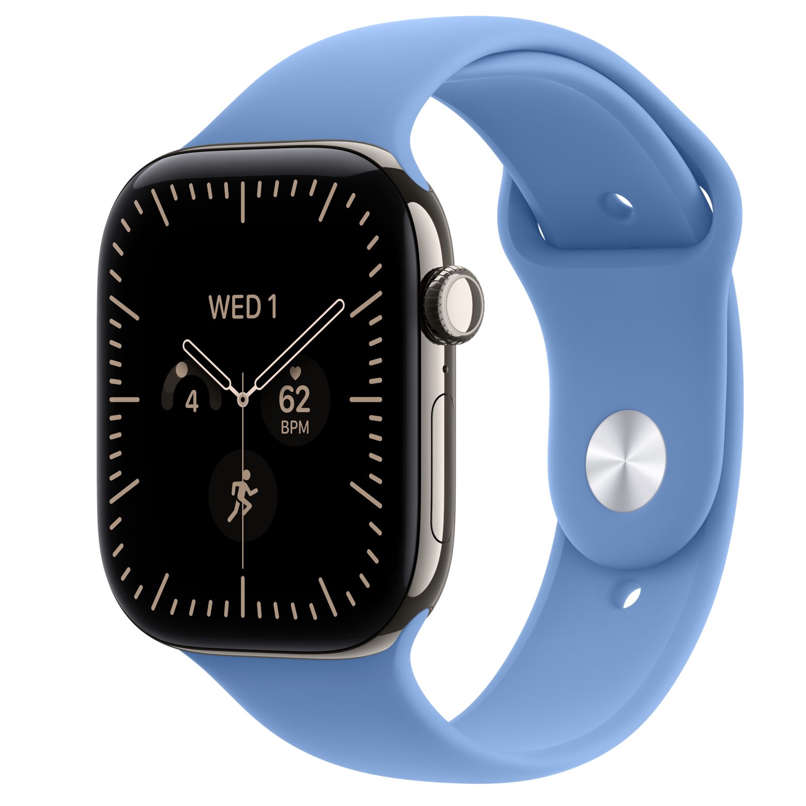 Apple Watch Series 12 (GPS + Cellular) • Titanboett naturlig, 46 mm • Sportband ängsblå