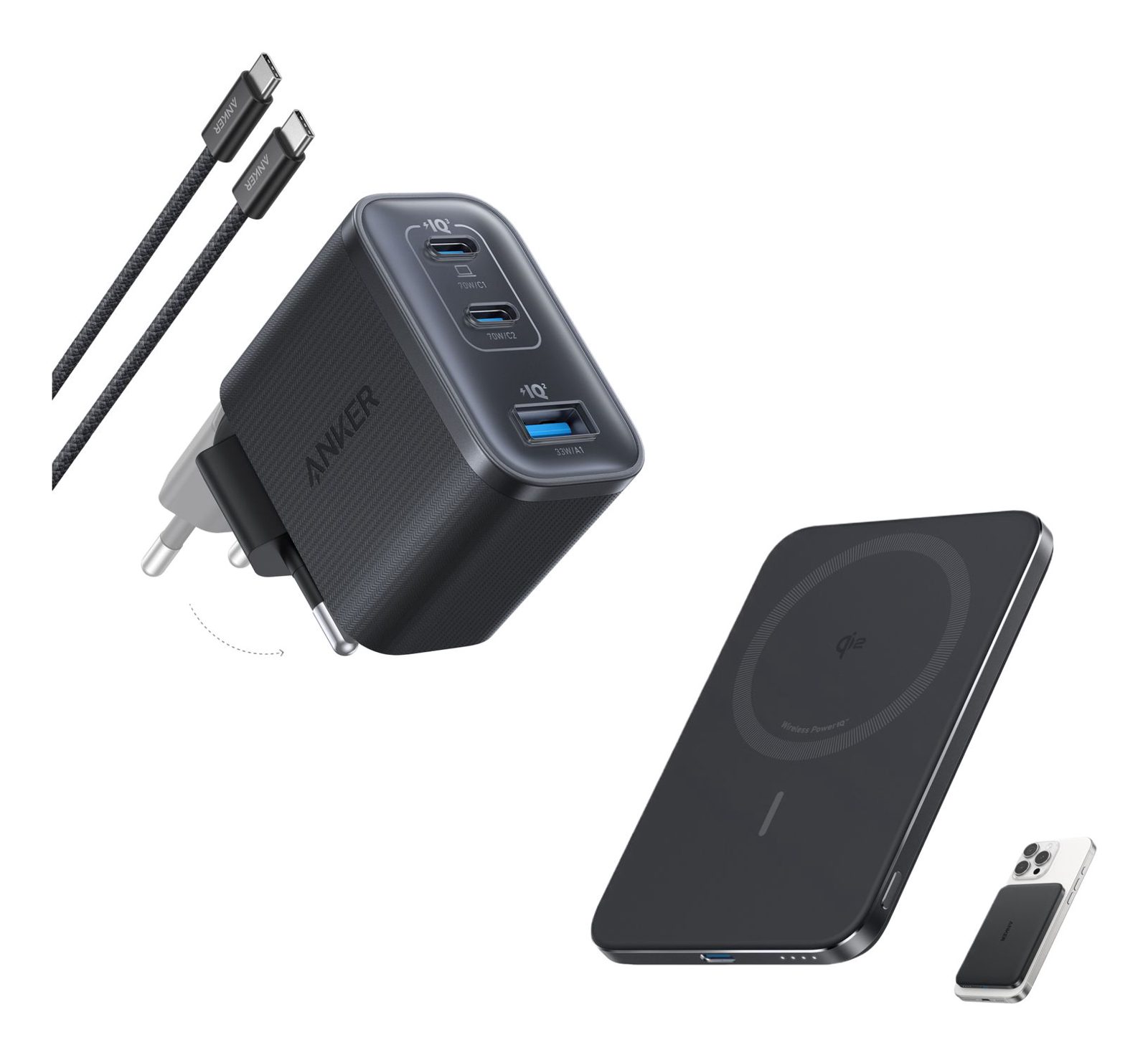 Anker Nano Väggladdare inklusive USB-C kabel 1.5m 70W 3 portar Svart