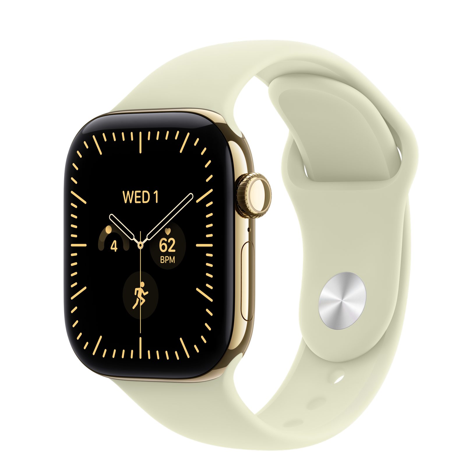 Apple Watch Series 12 (GPS + Cellular) • Titanboett skinande guld, 42 mm • Sportband ljusgrön suckulent